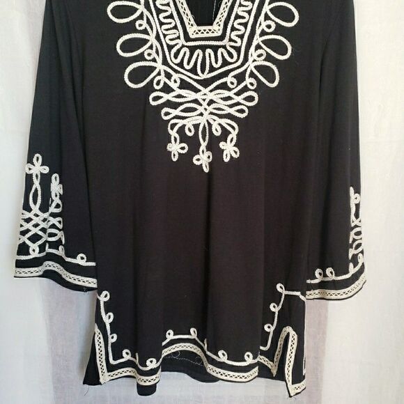 Boho Blouse Black White Embroidered Short Sleeve Peasant Gypsy Art Women XL FLAW - Picture 3 of 9